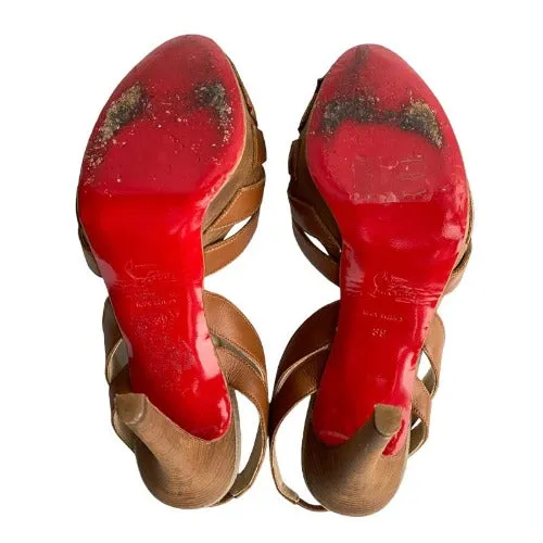 CHRISTIAN LOUBOUTIN Samaya Brown Leather Cut Out Peep Toe Heels Sandals, Size 39